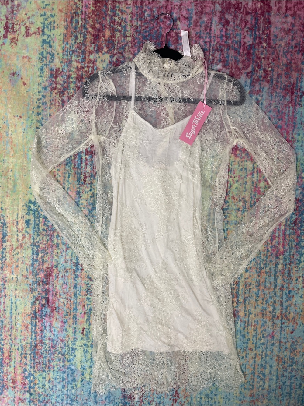 Sugar Thrillz Ivory Sheer Lace Long Sleeve Dress